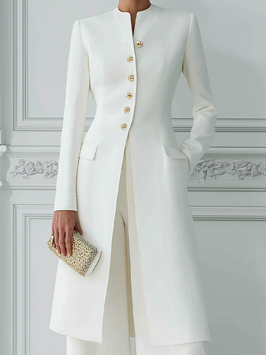 Stand Collar Gold Button Longline Blazer & Wide-Leg Pants Two-Piece Suit Set