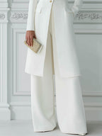 Stand Collar Gold Button Longline Blazer & Wide-Leg Pants Two-Piece Suit Set