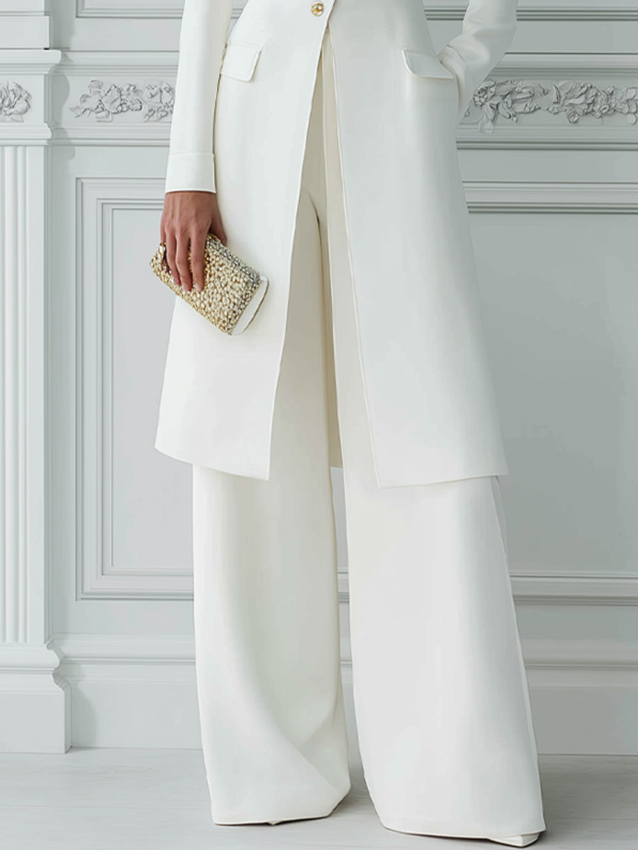 Stand Collar Gold Button Longline Blazer & Wide-Leg Pants Two-Piece Suit Set
