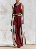 Red & White Cotton-Linen Sleeveless Zip Vest And Wide Leg Pants Set