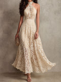 Retro Eelgant Ivory Lace Halter Evening Maxi Dress