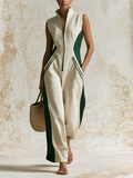 Color Block Linen Cotton Sleeveless Zip Front Wide Leg Jumpsuit