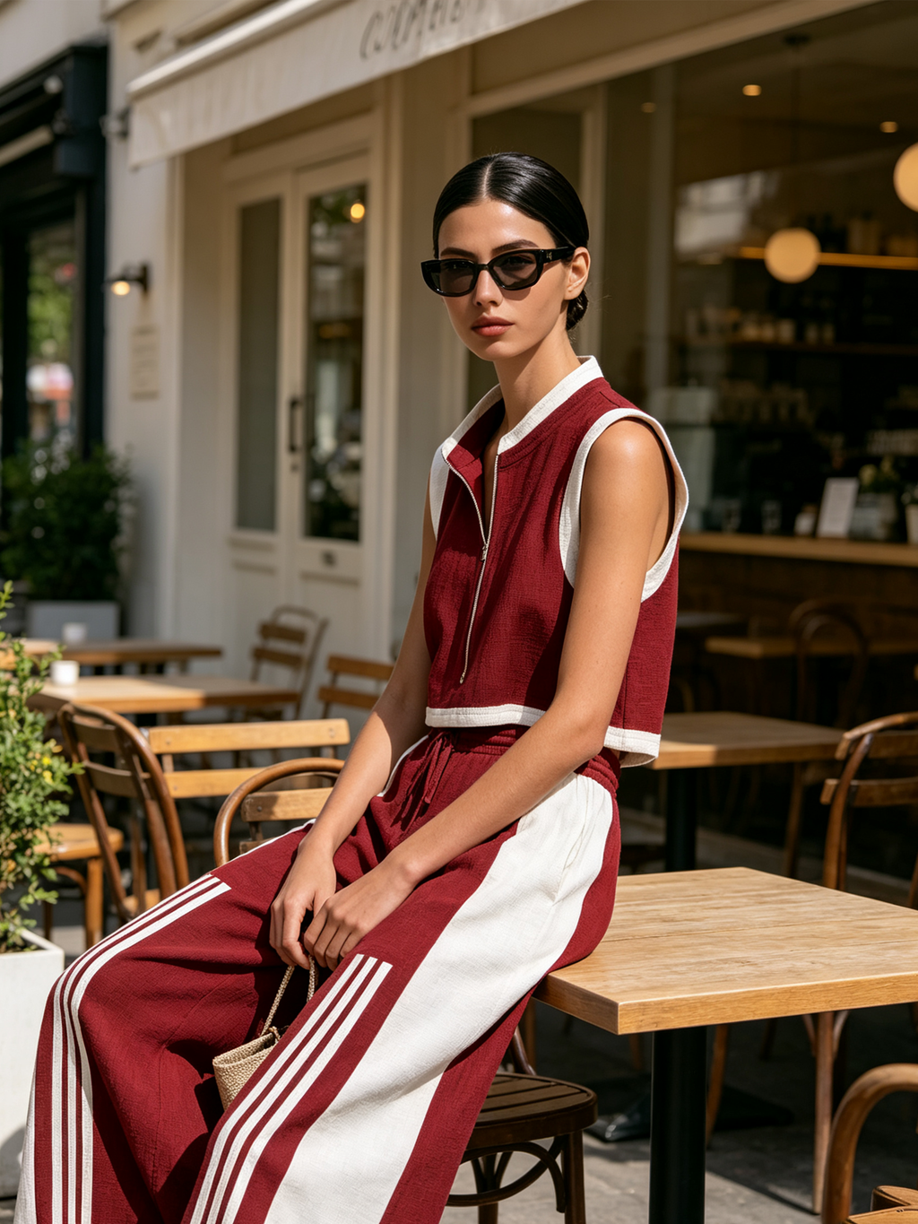 Red & White Cotton-Linen Sleeveless Zip Vest And Wide Leg Pants Set