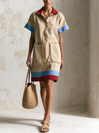 Khaki Color Block Collared Short Sleeve Shirt Mini Dress