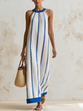Blue White Vertical Stripe Halter Neck Linen-Cotton Maxi Dress