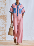 Pink Linen Cotton Color Block Short Sleeve Wide Leg Jumpsuit With Denim Contrast Trim