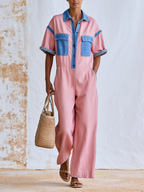 Pink Linen Cotton Color Block Short Sleeve Wide Leg Jumpsuit With Denim Contrast Trim