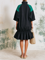 Color Block Half Zip Sport Mini Dress With Drawstring Ruffle Hem