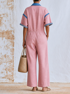 Pink Linen Cotton Color Block Short Sleeve Wide Leg Jumpsuit With Denim Contrast Trim