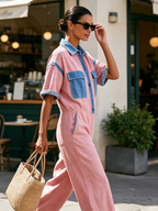 Pink Linen Cotton Color Block Short Sleeve Wide Leg Jumpsuit With Denim Contrast Trim