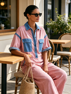 Pink Linen Cotton Color Block Short Sleeve Wide Leg Jumpsuit With Denim Contrast Trim