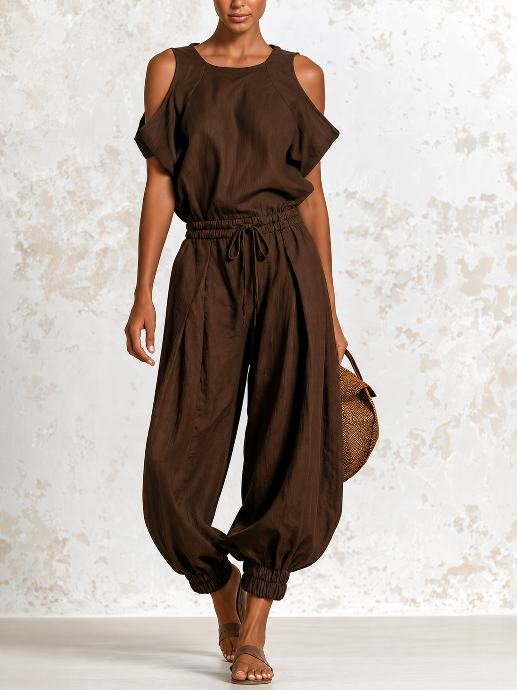 Dark Brown Linen-Cotton Cold Shoulder Drawstring Harem Jumpsuit