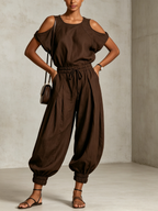Dark Brown Linen-Cotton Cold Shoulder Drawstring Harem Jumpsuit