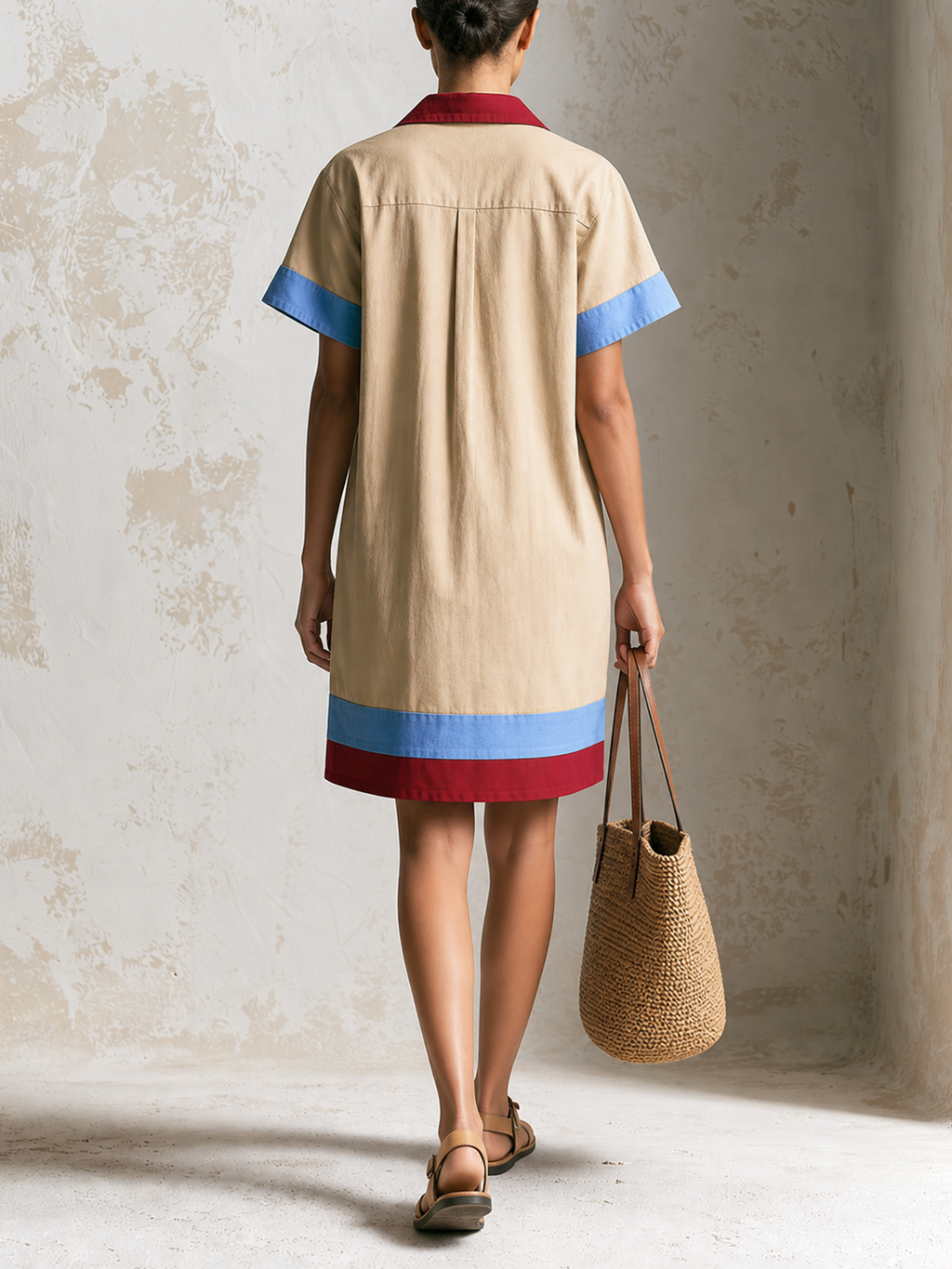 Khaki Color Block Collared Short Sleeve Shirt Mini Dress