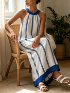 Blue White Vertical Stripe Halter Neck Linen-Cotton Maxi Dress
