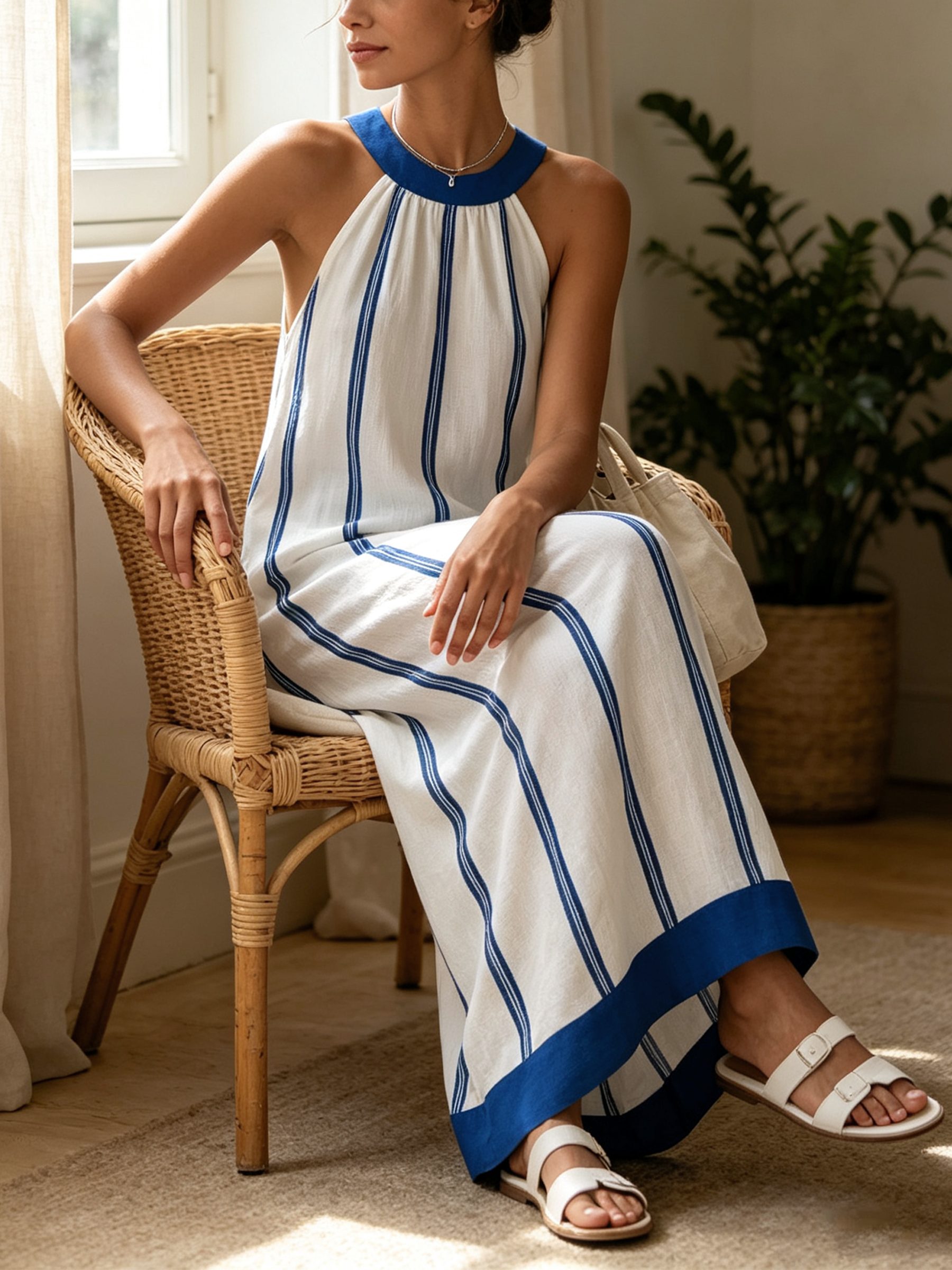 Blue White Vertical Stripe Halter Neck Linen-Cotton Maxi Dress