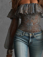 Boho Paisley Print Off-Shoulder Ruffle Sheer Puff-Sleeve Top