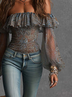 Boho Paisley Print Off-Shoulder Ruffle Sheer Puff-Sleeve Top