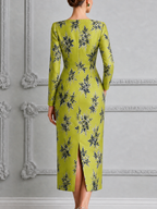 Chartreuse Floral Print Square Neck Pencil Midi Dress