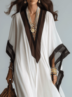 Elegant Resort Chiffon Contrast-Trim V-Neck White Kaftan Maxi Dress
