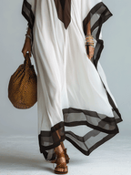 Elegant Resort Chiffon Contrast-Trim V-Neck White Kaftan Maxi Dress