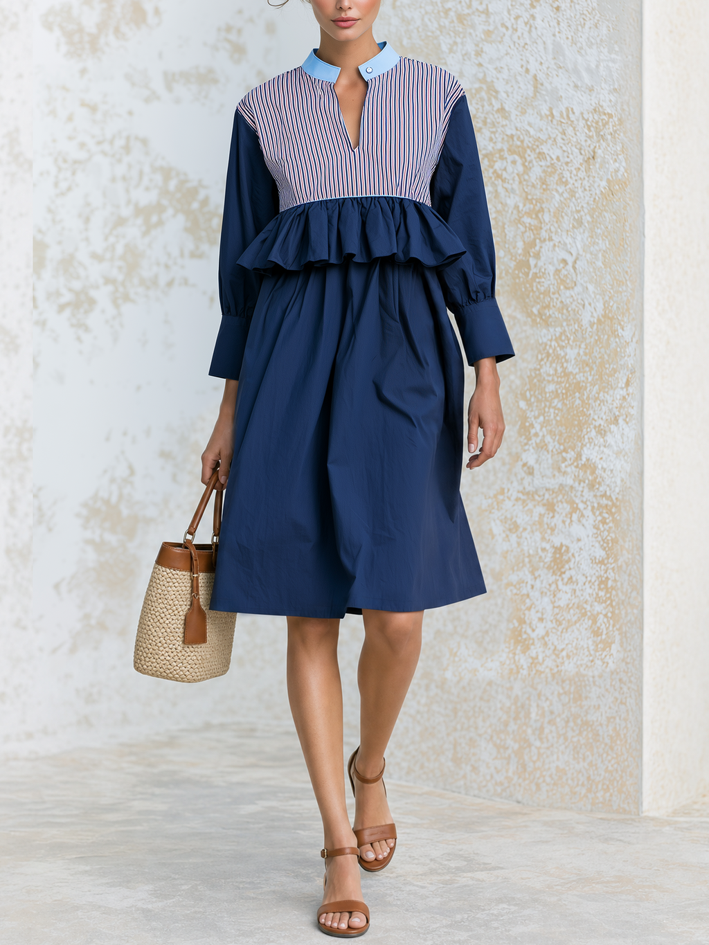 Color Block Striped Ruffle Waist Cotton Poplin Midi Resort Dress