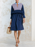 Color Block Striped Ruffle Waist Cotton Poplin Midi Resort Dress