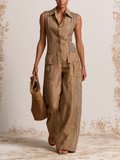 Sleeveless Collared Linen Cargo Wide Leg Jumpsuit, Striped Color Block Button Front One Piece Romper With Multi Cargo Pockets