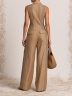 Sleeveless Collared Linen Cargo Wide Leg Jumpsuit, Striped Color Block Button Front One Piece Romper With Multi Cargo Pockets