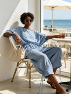 Blue Thin Stripe Drawstring Waist Linen Blend Wide Leg Jumpsuit