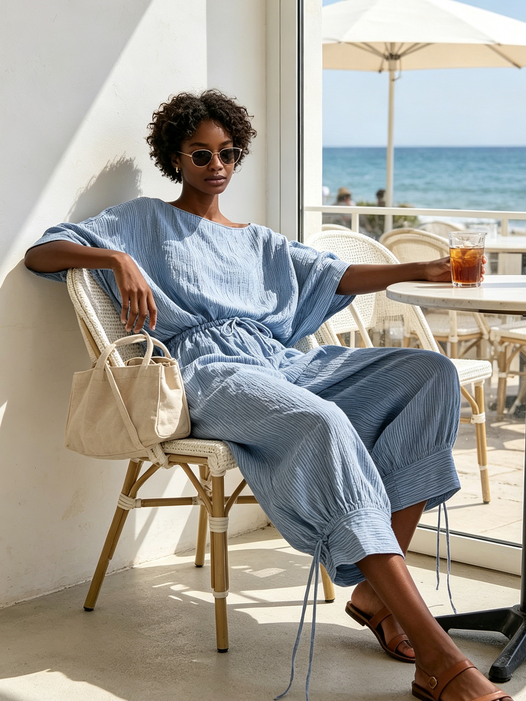 Blue Thin Stripe Drawstring Waist Linen Blend Wide Leg Jumpsuit
