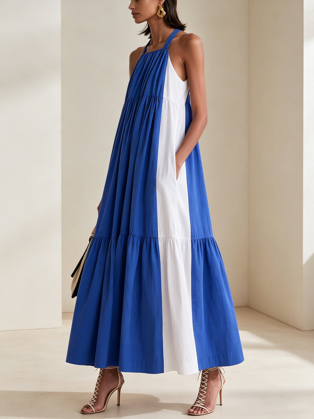 Azure Contrast Maxi Dress – Elegant Halter Neck Blue & White Tiered Summer Dress