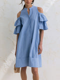 Sky Blue Striped Cold Shoulder Ruffle Sleeve Shirt Dress – Elegant Casual Summer Dress For Women