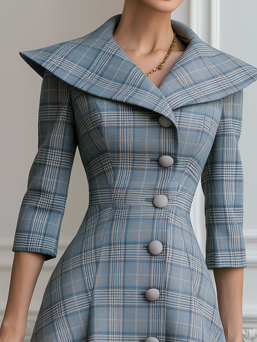 Plaid Portrait-Collar Button-Front A-Line Midi Dress