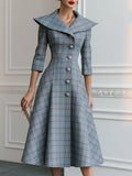 Plaid Portrait-Collar Button-Front A-Line Midi Dress