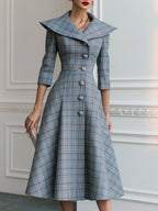 Plaid Portrait-Collar Button-Front A-Line Midi Dress