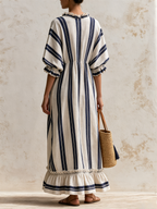 Navy Vertical Stripe Ruffle Tie Front Linen Blend Maxi Dress