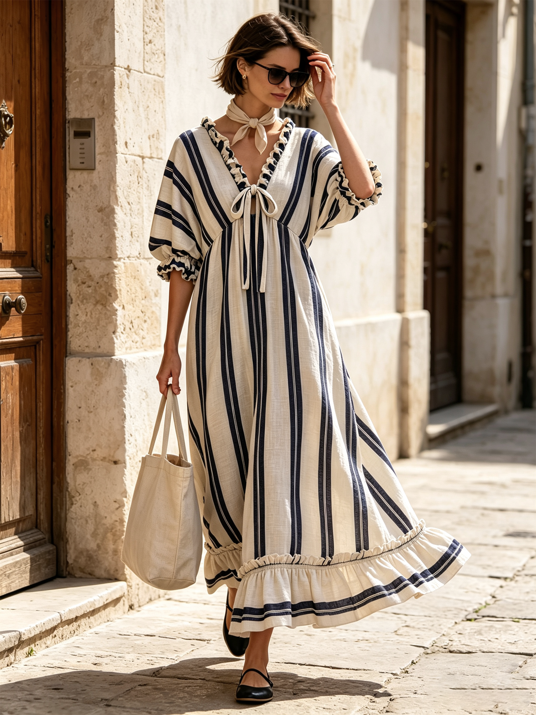 Navy Vertical Stripe Ruffle Tie Front Linen Blend Maxi Dress
