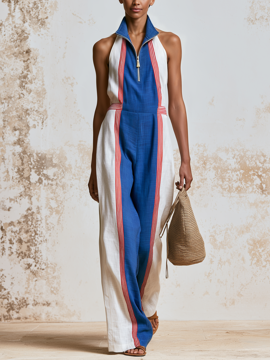 Halter Half-Zip Stand Collar Striped Linen Blend Wide Leg Jumpsuit, Color Block Casual Summer Jumpsuit
