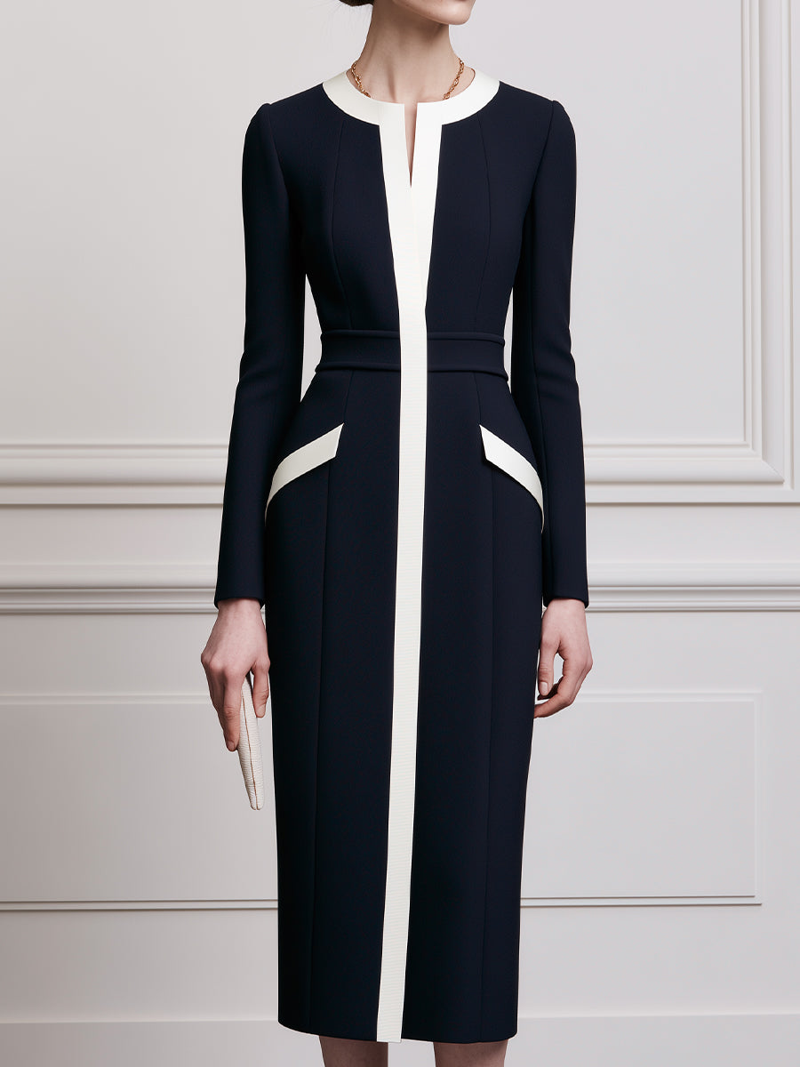 Navy & Ivory Colorblock Long-Sleeve Sheath Midi Dress