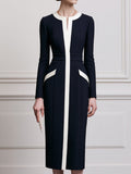 Navy & Ivory Colorblock Long-Sleeve Sheath Midi Dress