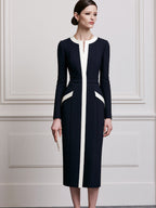 Navy & Ivory Colorblock Long-Sleeve Sheath Midi Dress