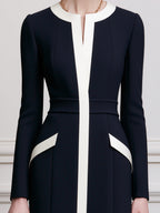 Navy & Ivory Colorblock Long-Sleeve Sheath Midi Dress
