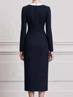 Navy & Ivory Colorblock Long-Sleeve Sheath Midi Dress