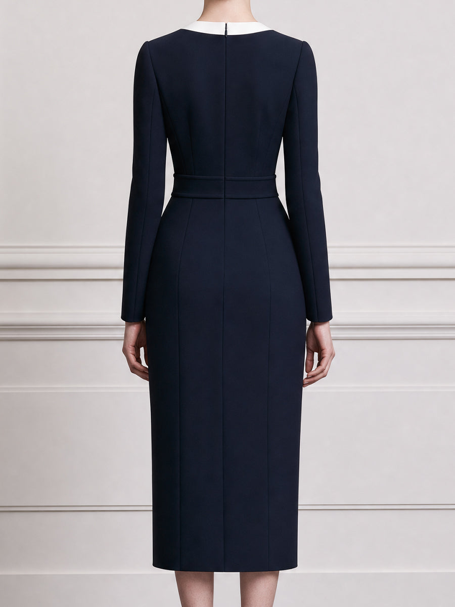 Navy & Ivory Colorblock Long-Sleeve Sheath Midi Dress