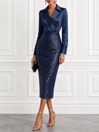 Midnight Navy Satin And Sequin Midi Dress