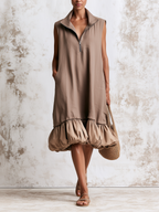 Sleeveless Half-Zip Stand Collar Bubble Hem Midi Dress, Loose Pocket Casual Summer Dress