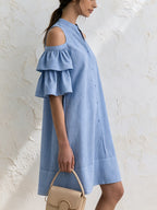 Sky Blue Striped Cold Shoulder Ruffle Sleeve Shirt Dress – Elegant Casual Summer Dress For Women