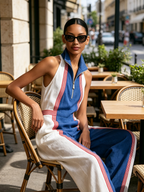 Halter Half-Zip Stand Collar Striped Linen Blend Wide Leg Jumpsuit, Color Block Casual Summer Jumpsuit