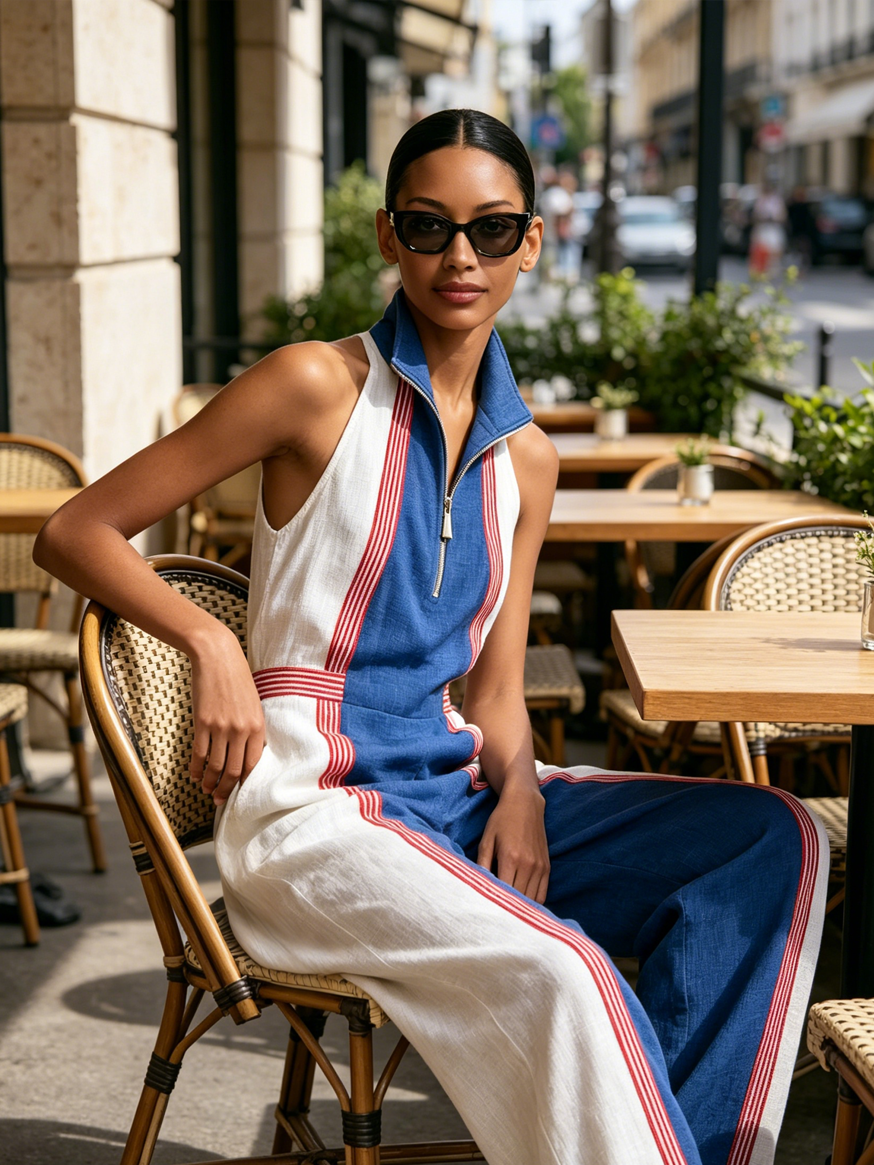 Halter Half-Zip Stand Collar Striped Linen Blend Wide Leg Jumpsuit, Color Block Casual Summer Jumpsuit